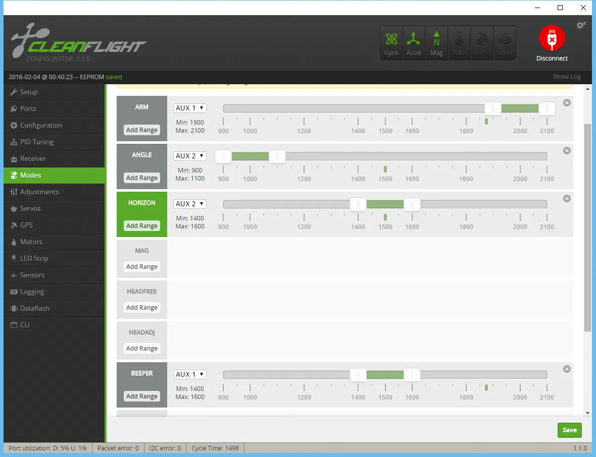 Cleanflight Modes Tab