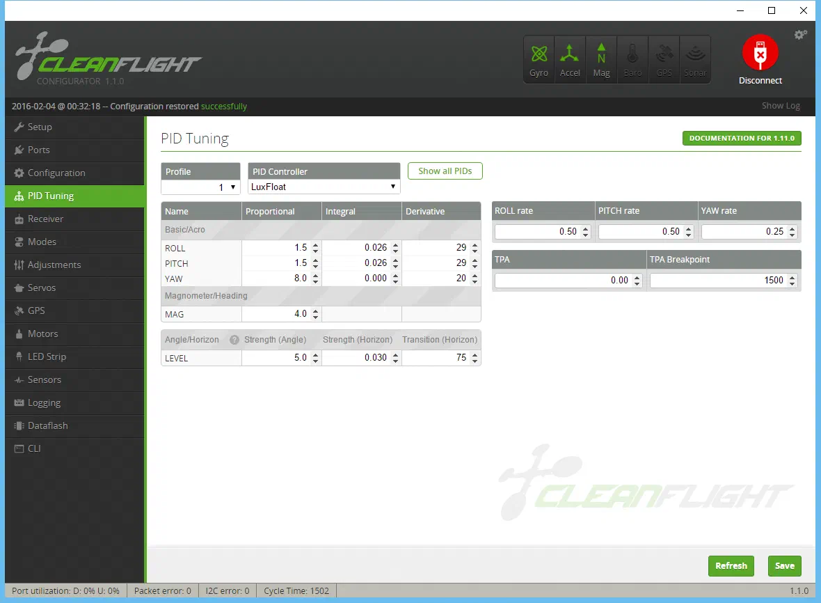 Cleanflight PID Tuning Tab
